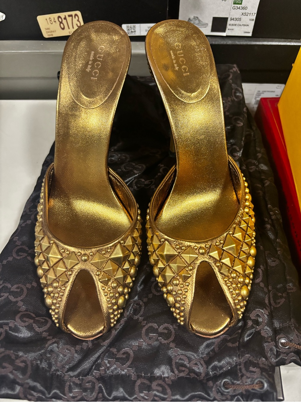 Gucci Gold Studded Peep-Toe Heels